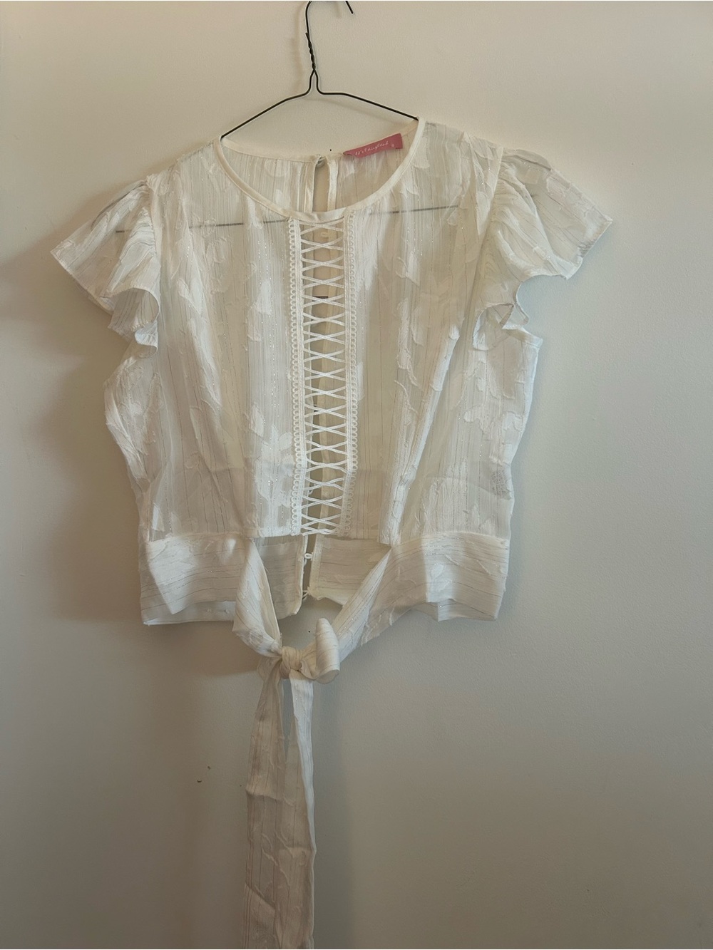 JJs House White Lace-Up Tie Front Flutter Sleeve Blouse